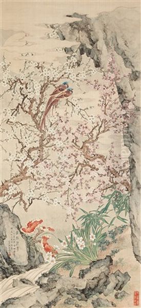 A Painting Of Birds And Flowering Prunus Oil Painting by  Qu Zhaolin