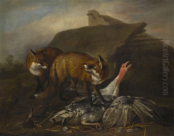 Foxes Attacking A Turkey Oil Painting by Martin Ferdinand Quadal