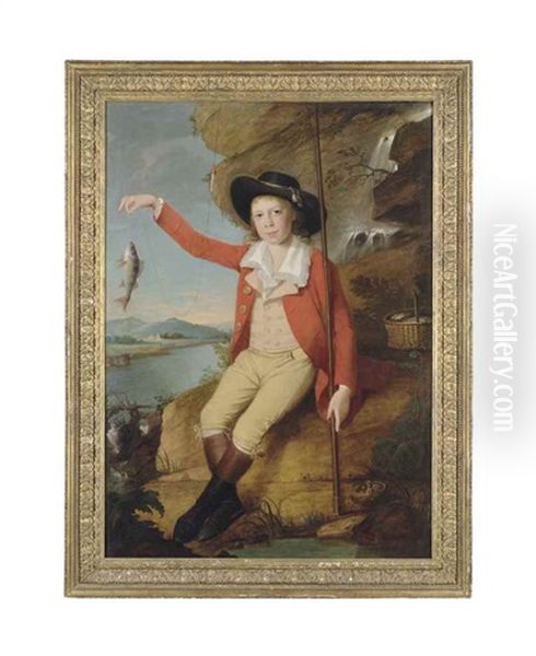 Portrait Of A Boy, Full-length, Holding A Fishing Rod And A Perch In A River Landscape, A Church Beyond Oil Painting by Martin Ferdinand Quadal