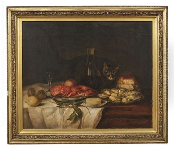 A Still Life Of Shellfish, A Carafe Of Wine, Lemons, Bread And Cheese With A Cat On A Tabletop Oil Painting by Martin Ferdinand Quadal