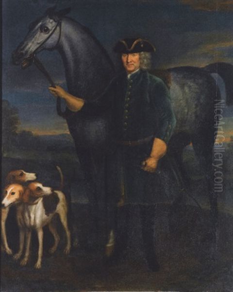 Portrait Of A Gentleman, Holding A Grey Hunter, With Three Hounds, In A Landscape by Martin Ferdinand Quadal