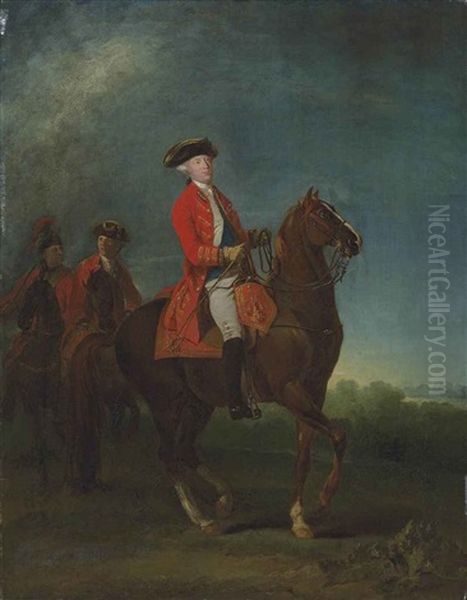 Equestrian Portrait Of A Gentleman (king George Iii (1738-1820)?), Full-length, In A Scarlet Military State Coat With The Ribbon Of The Garter... Oil Painting by Martin Ferdinand Quadal