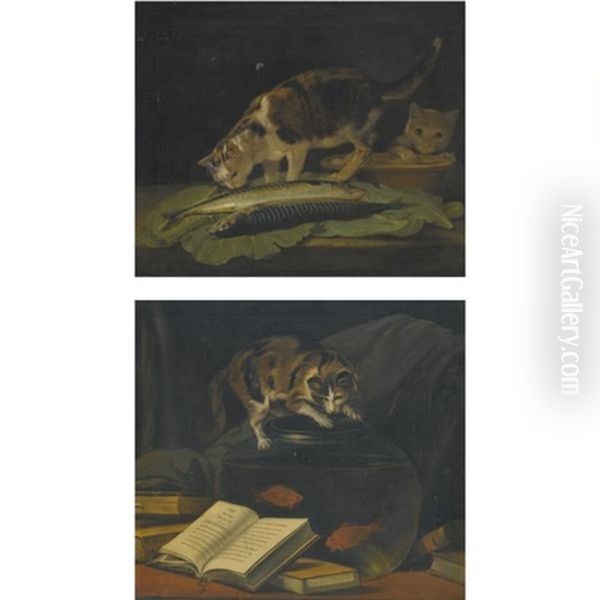 Cat Examining Two Fish On A Table And A Cat Exploring An Earthenware Bowl(+ Cat Crouching Over A Glass Goldfish Bowl, Lrgr; Pair) Oil Painting by Martin Ferdinand Quadal