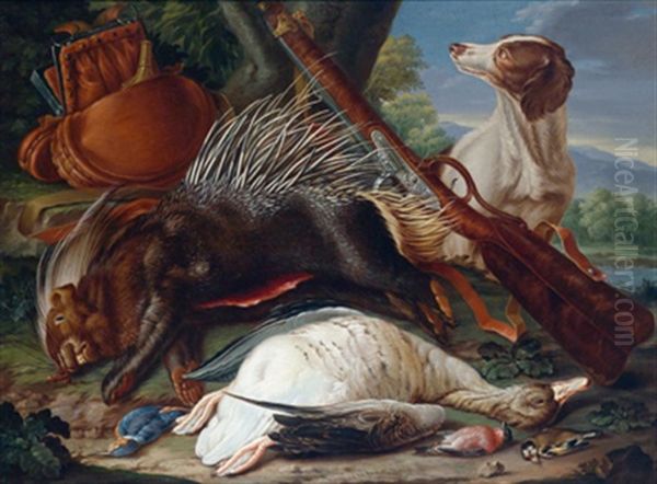 Jagdstillleben Mit Einem Stachelschwein, Erlegtem Federwild Und Einem Hund Oil Painting by Martin Ferdinand Quadal