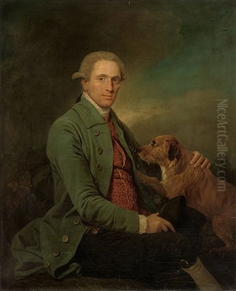 Portrait Of A Gentleman In A Blue Coat And Red Waistcoat, With His Dog In A Landscape Oil Painting by Martin Ferdinand Quadal