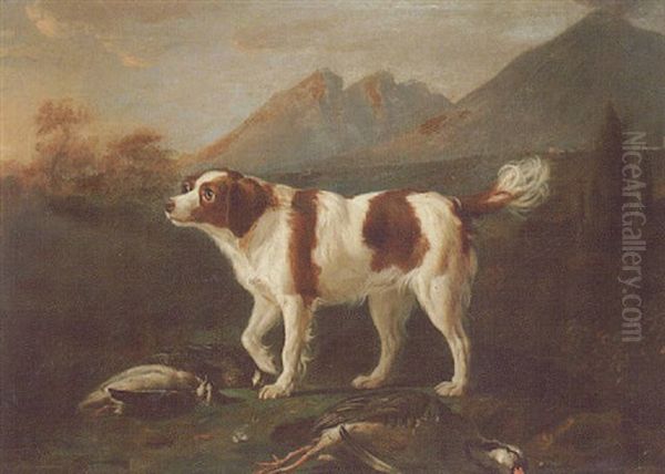 A Red And White Spaniel, With Dead Game In A Landscape With Vesuvius In The Background Oil Painting by Martin Ferdinand Quadal