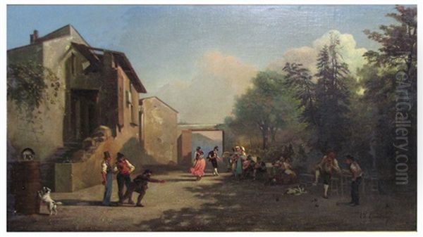 Village Scene With Bocce Players Oil Painting by Carl Max Gerlach Quaedvlieg