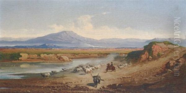 Herding Buffalo In The Roman Campagna Oil Painting by Carl Max Gerlach Quaedvlieg