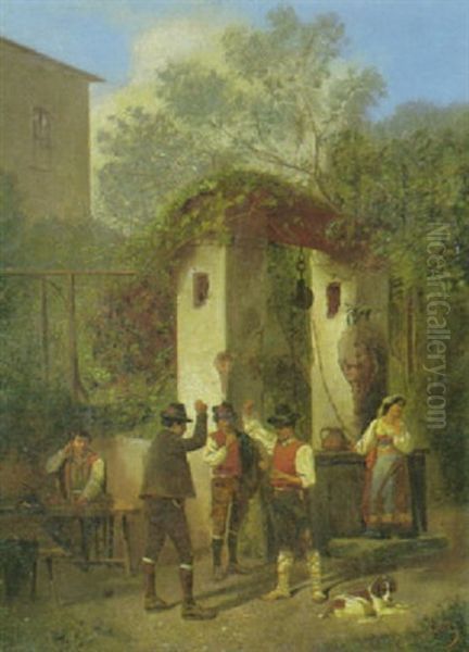 Italienische Bauernschenke Mit Streitenden Burschen Und Einer Magd Am Brunnen Oil Painting by Carl Max Gerlach Quaedvlieg