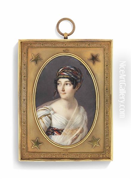 A Young Lady, Traditionally Called Josephine De Beauharnais (1763-1814), Empress Of The French And Queen Of Italy, In Gold-trimmed White Dress With Striped Sash Around Waist And Corresponding Turban Oil Painting by Ferdinando Paul Louis Quaglia