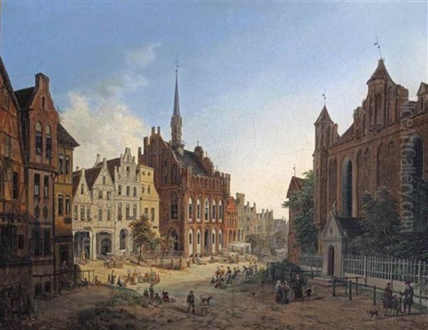 Daily Activities On A Square With The Old Town Hall, Marienburg Oil Painting by Domenico Quaglio