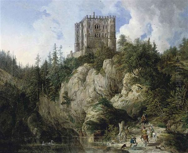 A Hawking Party In A Rocky Landscape, A Castle Beyond Oil Painting by Domenico Quaglio