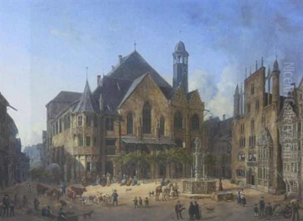 Hildesheim: Blick Auf Den Altstadter Markt Mit Dem Rathaus Und Davor Dem Rolandsbrunnen Oil Painting by Domenico Quaglio