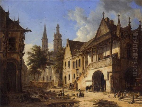 Street Scene In A Swiss Town Oil Painting by Domenico Quaglio