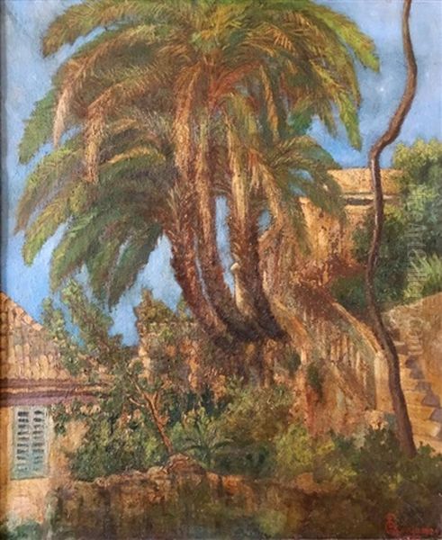 Palm Trees In A Landscape Oil Painting by Eugen Quaglio