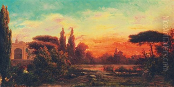 Mediterranean Landscape At Sunset Oil Painting by Eugen Quaglio