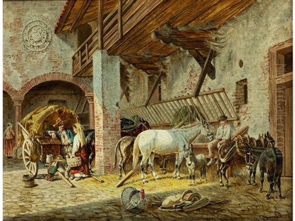 Ansicht Eines Italienischen Gehofts Mit Stallungen, Personen, Pferd Und Eseln Oil Painting by Franz Quaglio