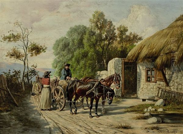 Ungarisches Pferdefuhrwerk Vor Schilfgedecktem Bauernhaus Oil Painting by Franz Quaglio