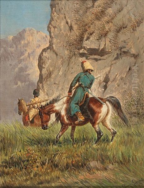 Caucasian Horsemen Hunting Oil Painting by Franz Quaglio