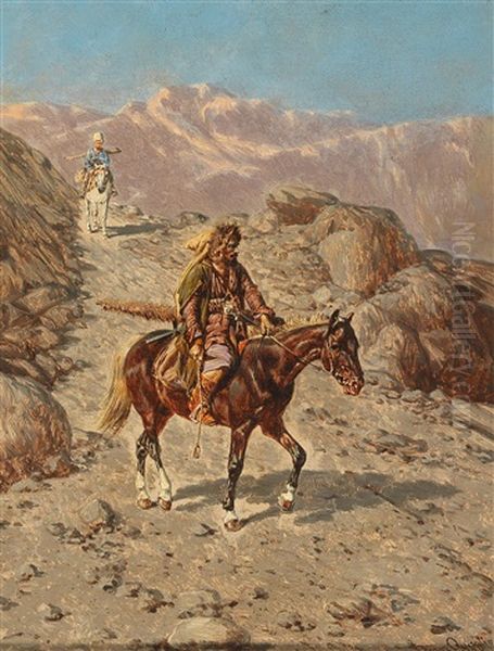 Caucasian Horsemen In The Mountains Oil Painting by Franz Quaglio