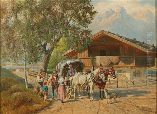 Coach Resting By A Bavarian Lake Oil Painting by Franz Quaglio