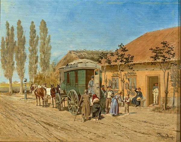 Vierspannige Kutsche Halt An Einer Relaisstation Auf Dem Land Oil Painting by Franz Quaglio