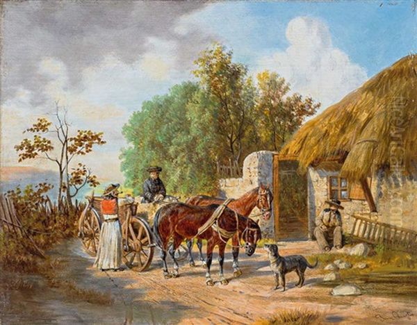 Zweispanniges Fuhrwerk Und Plaudernde Ungarn Vor Reetgedeckter Kate An Einem Sonnigen Spatsommertag Oil Painting by Franz Quaglio