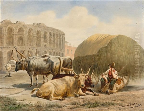 Ruhende Maremmaner Rinder Vor Dem Kolosseum In Rom Oil Painting by Franz Quaglio