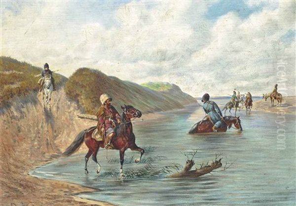 Caucasians Fording A River Oil Painting by Franz Quaglio