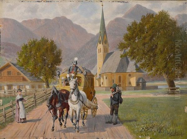 Postkutsche Auf Der Strase Vor Dem Dorf Oil Painting by Franz Quaglio