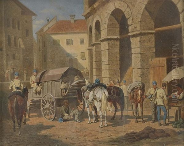 Berittene Soldaten Vor Einer Sudlichen Arena Oil Painting by Franz Quaglio