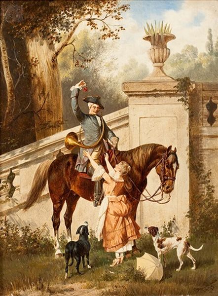 Parforcereiter Bei Der Begrusung Eines Madchens (+ Parforcereiter Mit Hund Und Wartendem Madchen Am Parktor; 2 Works) Oil Painting by Franz Quaglio