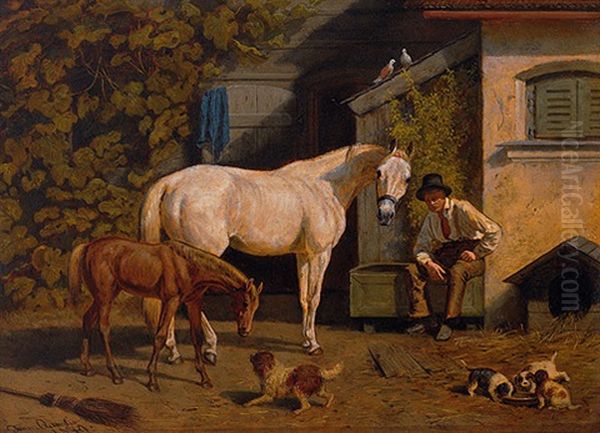 Stute Mit Fohlen Vor Bewachsenem Gehoft Oil Painting by Franz Quaglio