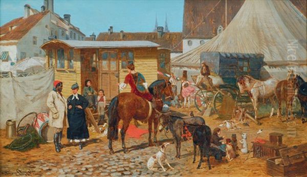 Circus At The Munich Viktualienmarkt Oil Painting by Franz Quaglio