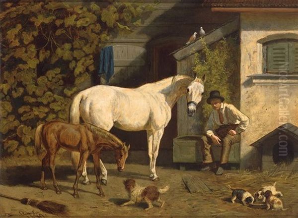 Landliche Idylle Auf Einem Gut, Auf Dem Vorplatz Stute Mit Fohlen Und Hundin Mit Welpen Oil Painting by Franz Quaglio