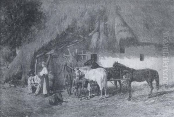 Thatched Roof House With Figures, Cart And Horses Oil Painting by Franz Quaglio