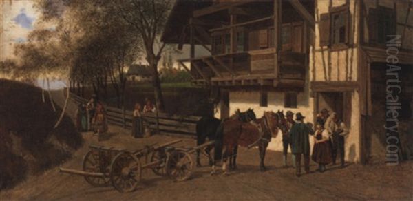 Pferdefuhrwerk Vor Einem Bayrischen Hause Oil Painting by Franz Quaglio