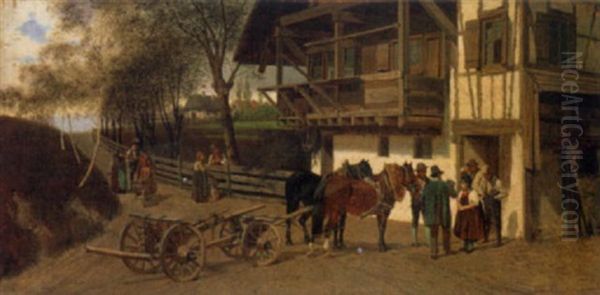 Pferdefuhrwerk Vor Einem Bayrischen Hause Oil Painting by Franz Quaglio