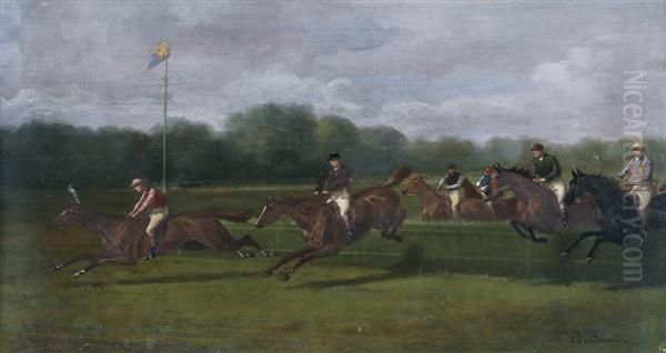 Course De Haies A Auteuil Oil Painting by Charles Bombled