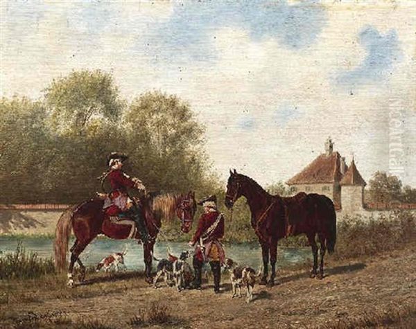 Zwei Reiter Mit Ihren Jagdhunden Oil Painting by Franz Quaglio