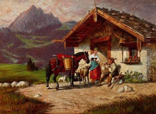 Gesprach Vor Der Almhutte Oil Painting by Franz Quaglio