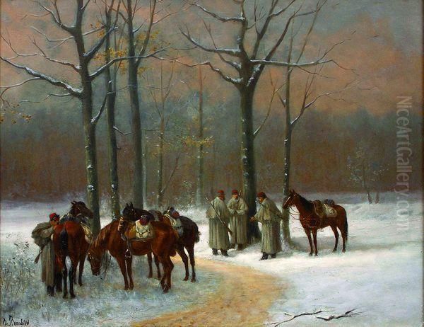 Cavaliers Dans Un Sous-bois Enneige. Oil Painting by Charles Bombled