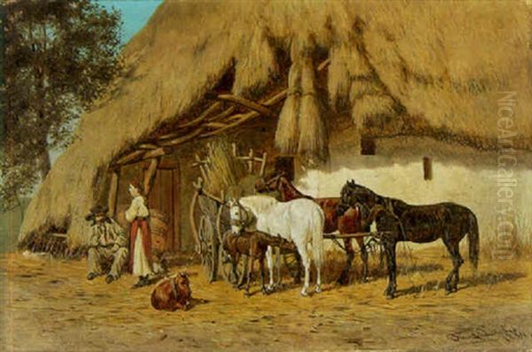 Summer's Day With Horses, Foals And Two Figures Outside A Thatched Hut Oil Painting by Franz Quaglio