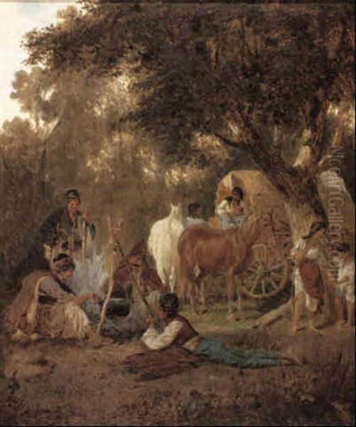 A Gypsy Encampment Oil Painting by Franz Quaglio