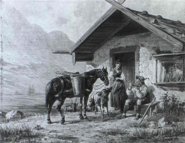 Des Reiters Rast Bei Der Sennerin Vor Der Almhutte Oil Painting by Franz Quaglio