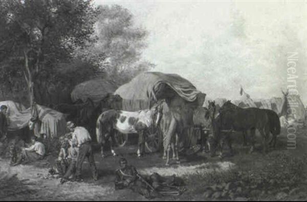 A Military Encampment Oil Painting by Franz Quaglio