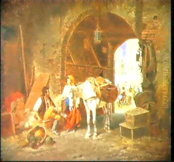 In Einem Hofinterieur, Das Mit Geratschaften Reich Staffiertist, Sitzt Ein Junger Bursche In Italienischer Tracht Oil Painting by Franz Quaglio