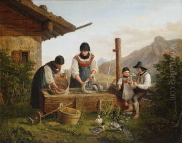 Bei Der Wasche Vor Einem Gebirgsbauernhaus Oil Painting by Lorenzo Quaglio