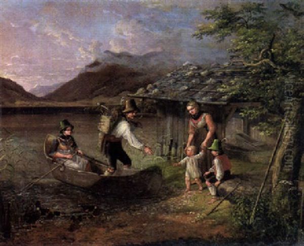 Am Schiersee. Vorn Ein Bauernpaar Im Nachen Und Eine Mutter Mit Ihren Kindern Am Ufer Oil Painting by Lorenzo Quaglio