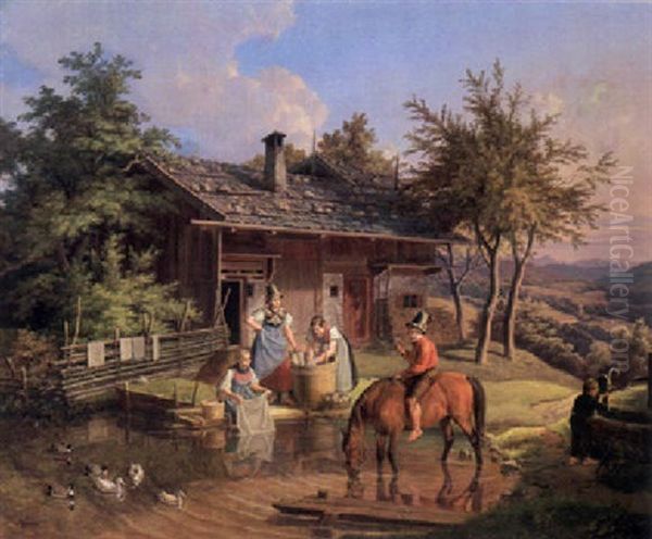 Szene Vor Einem Oberbayerischen Bauernhaus Bei Tolz Oil Painting by Lorenzo Quaglio